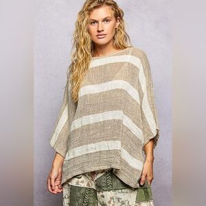 079 POL Oversized Striped Tunic Top in Mocha and White